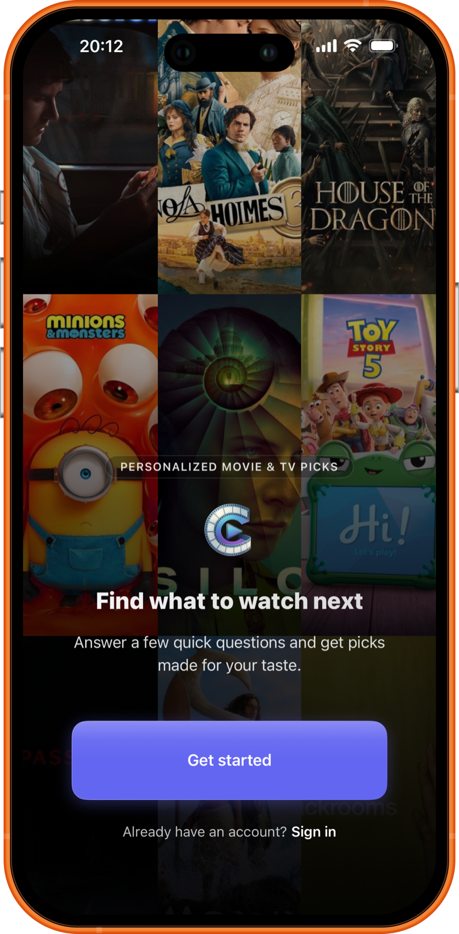 CineMatch welcome and onboarding screen